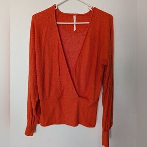 Anthropologie Orange Long Sleeve V Neck Top Size Large Damaged Cleavage Clip